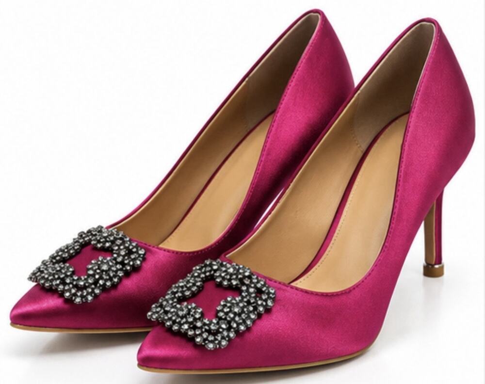 Women’s Size 7 Fuchsia Pink Satin Rhinestone Buckle Pointed Toe Pumps Heels